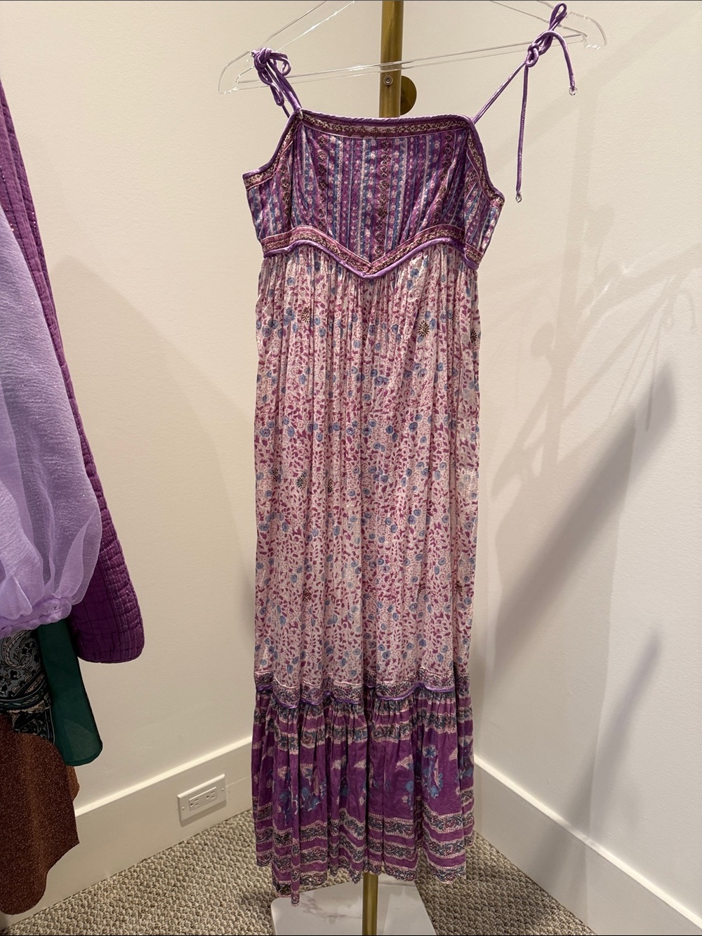 Vintage Phool Purple Floral Boho Midi Dress with Tie Straps